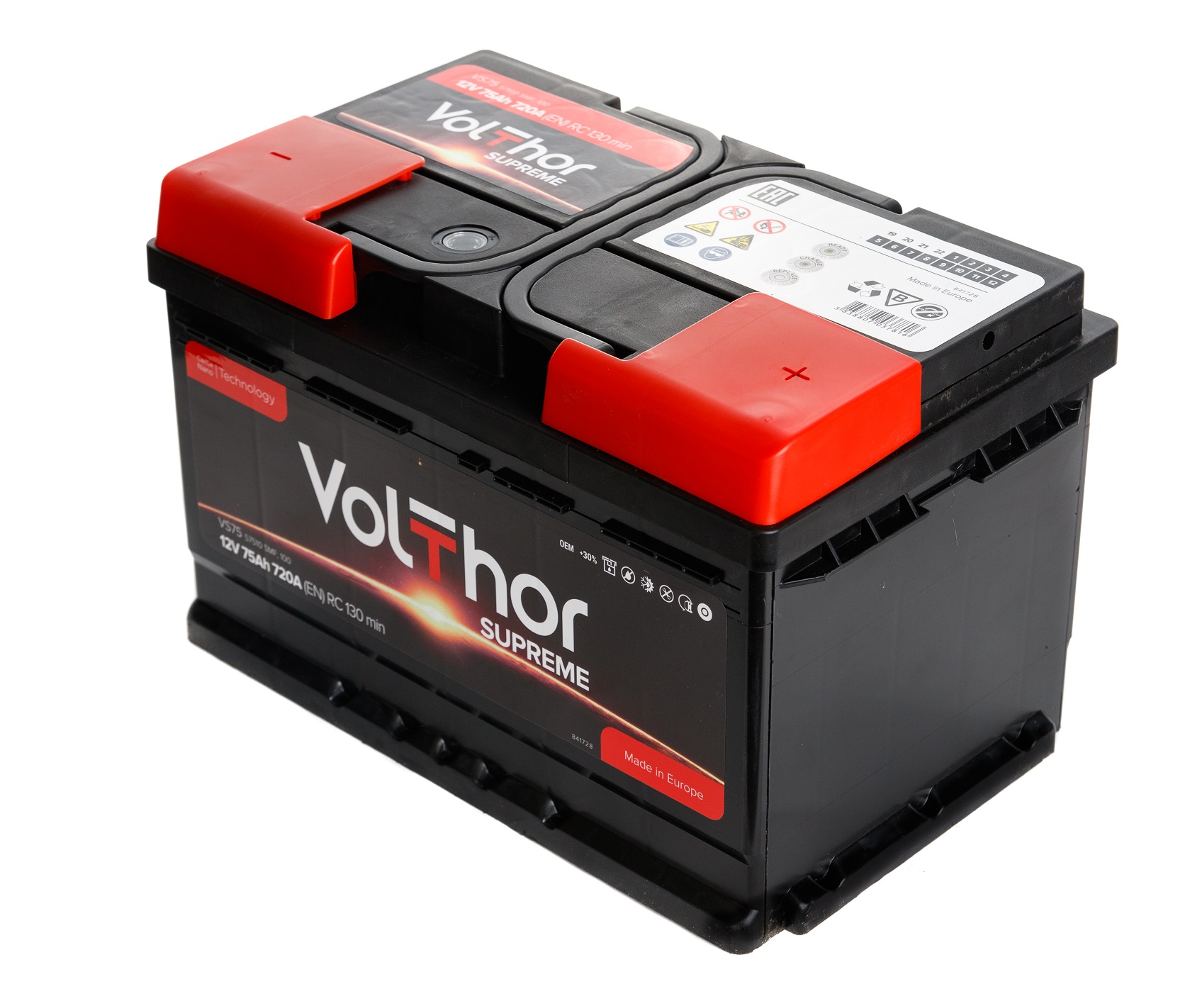 Акумулятор легковий VOLTHOR Supreme 75Ah, 12B, 720A плюс праворуч (R+) кальцієвий (Ca/Ca) 278X175X175мм (301475)